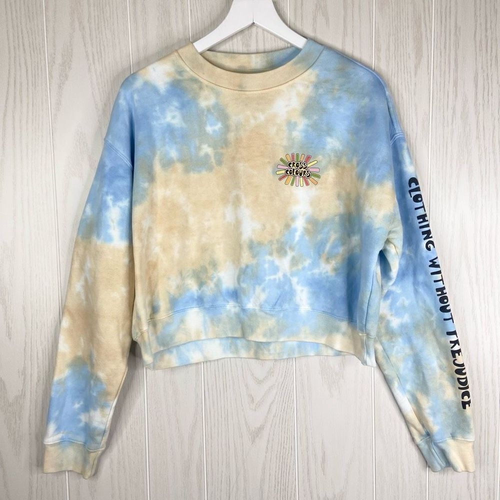 Cross Colours Women's Multicolor Tie Dyed Graphic Cropped Pullover Sweater Small
